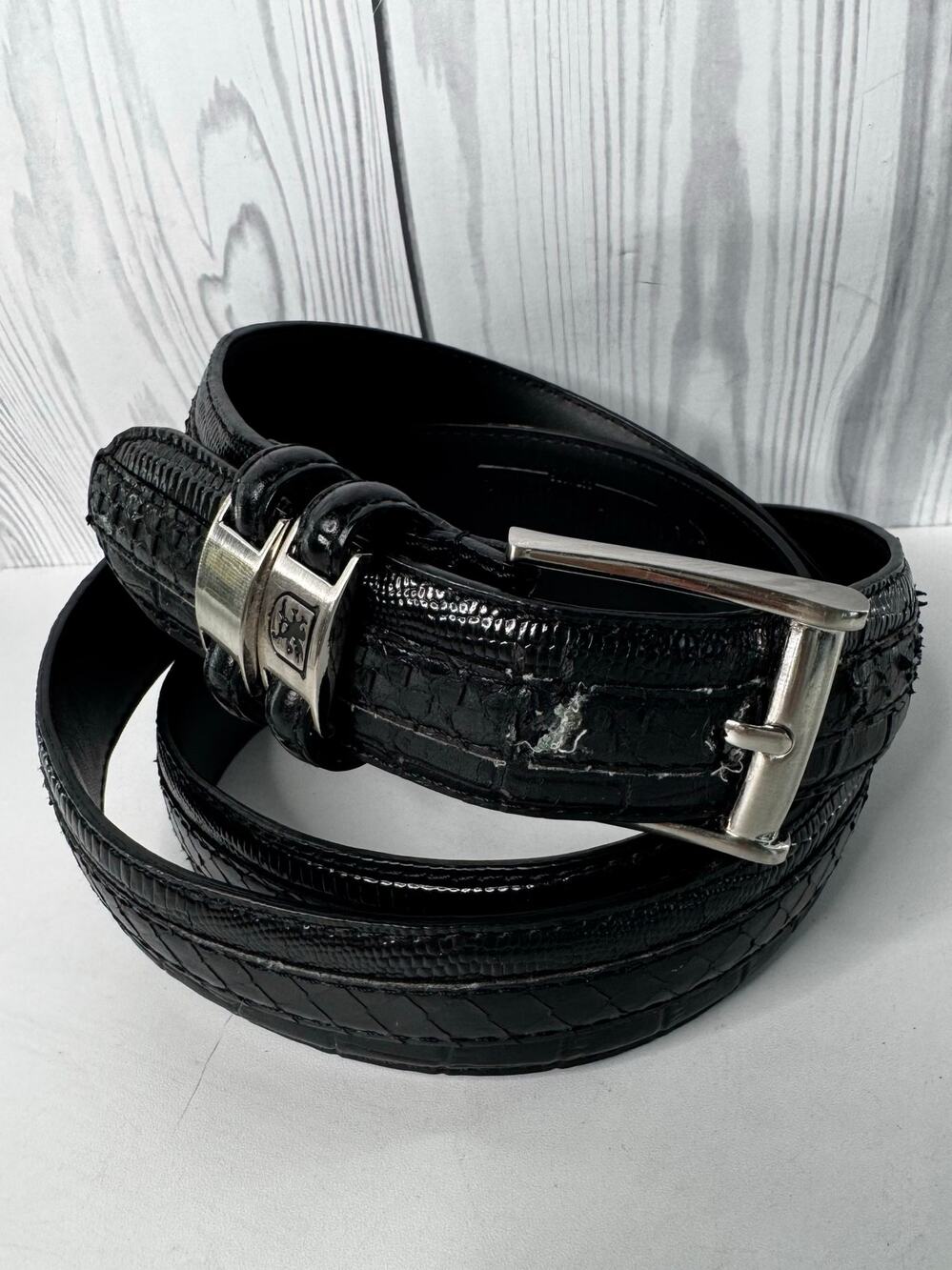 STACY ADAMS Black Leather Belt Size 52 Genuine Leather Crock Print